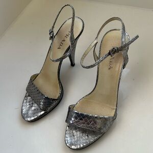 Prada silver python scale straps heels, size 37 1/2